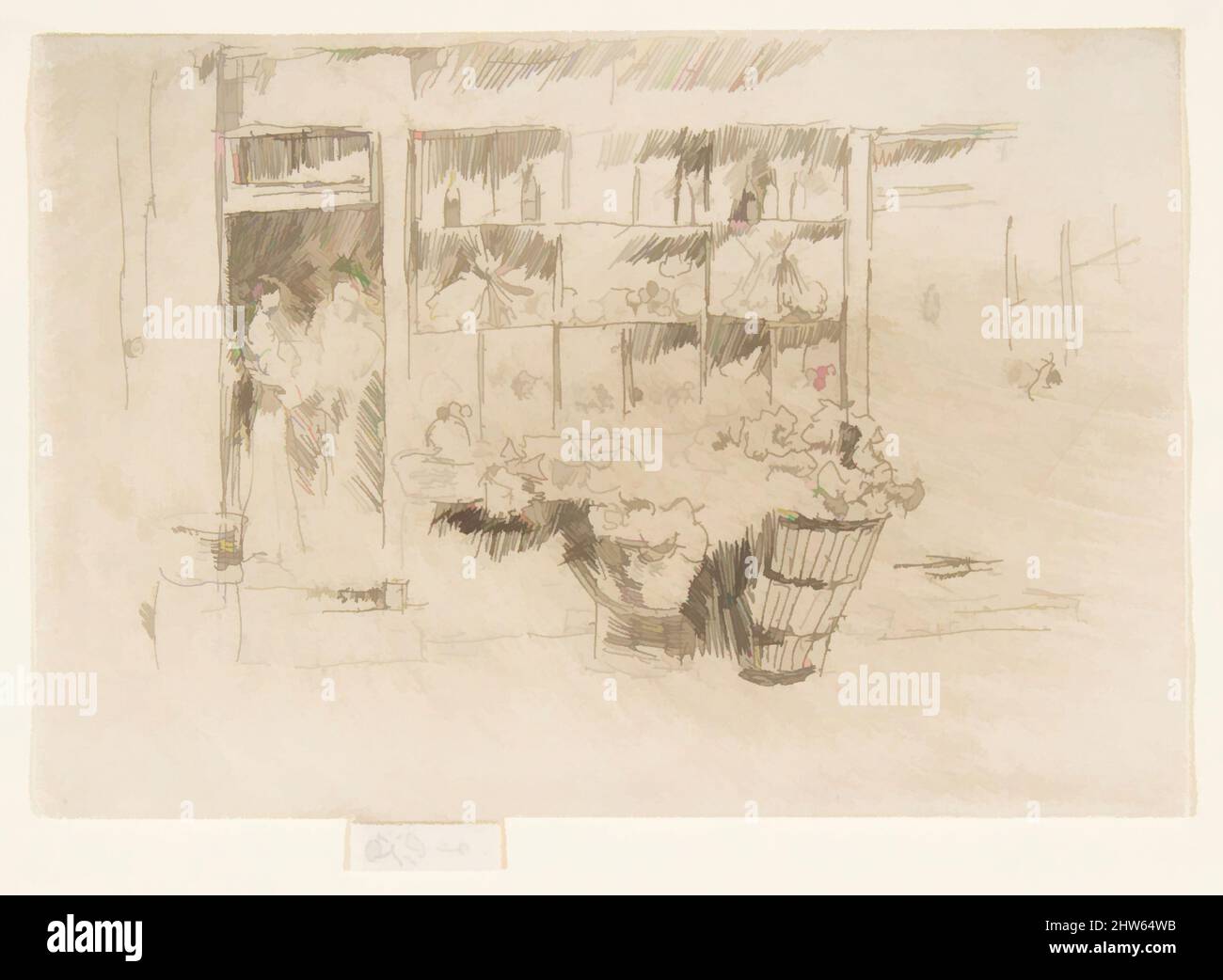 Art inspired by Fruit Shop (Little Greengrocer's Shop, Chelsea), 1885–86, Etching and drypoint; second state of two (Glasgow); printed in dark brown ink on ivory laid paper, Plate: 2 11/16 × 4 in. (6.9 × 10.1 cm), Prints, James McNeill Whistler (American, Lowell, Massachusetts 1834–, Classic works modernized by Artotop with a splash of modernity. Shapes, color and value, eye-catching visual impact on art. Emotions through freedom of artworks in a contemporary way. A timeless message pursuing a wildly creative new direction. Artists turning to the digital medium and creating the Artotop NFT Stock Photo