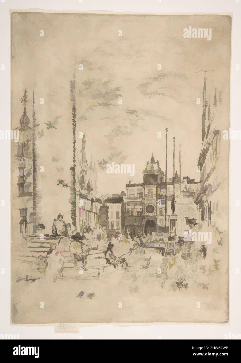 Art inspired by The Piazetta (The Piazzetta), 1879–80, Etching and drypoint; fifth state of nine (Glasgow); printed in black ink on medium weight ivory laid paper, Plate: 10 x 7 1/8 in. (25.4 x 18.1 cm), Prints, James McNeill Whistler (American, Lowell, Massachusetts 1834–1903 London, Classic works modernized by Artotop with a splash of modernity. Shapes, color and value, eye-catching visual impact on art. Emotions through freedom of artworks in a contemporary way. A timeless message pursuing a wildly creative new direction. Artists turning to the digital medium and creating the Artotop NFT Stock Photo