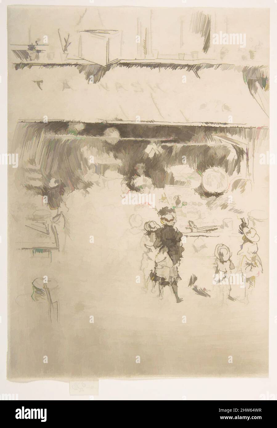 Art inspired by T. A. Nash's Fruit Shop (T. A. Nash's Greengrocer's Shop), 1887, Etching and drypoint; fifth state of five (Glasgow); printed in black ink on ivory laid paper, Plate: 6 13/16 × 4 13/16 in. (17.3 × 12.2 cm), Prints, James McNeill Whistler (American, Lowell, Massachusetts, Classic works modernized by Artotop with a splash of modernity. Shapes, color and value, eye-catching visual impact on art. Emotions through freedom of artworks in a contemporary way. A timeless message pursuing a wildly creative new direction. Artists turning to the digital medium and creating the Artotop NFT Stock Photo