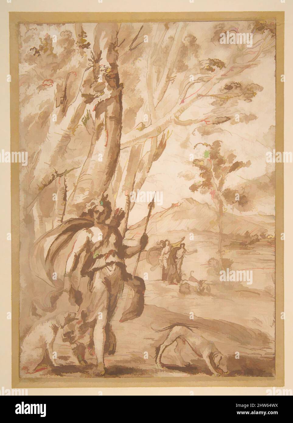 Art inspired by The Goddess Diana with Her Hounds Standing in a Landscape., n.d., Pen and brown ink, brush and brown wash, sheet: 9 x 6 9/16 in. (22.8 x 16.6 cm), Drawings, Agostino Tassi (Italian, Ponzano Romano ca. 1580–1644 Rome, Classic works modernized by Artotop with a splash of modernity. Shapes, color and value, eye-catching visual impact on art. Emotions through freedom of artworks in a contemporary way. A timeless message pursuing a wildly creative new direction. Artists turning to the digital medium and creating the Artotop NFT Stock Photo