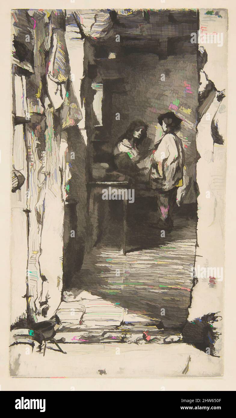Art inspired by The Rag Gatherers (Rag Pickers, Quartier Mouffetard, Paris), 1858, Etching and drypoint; fifth state of five (Glasgow); black ink on ivory laid paper removed from a book, Plate: 6 x 3 1/2 in. (15.2 x 8.9 cm), Prints, James McNeill Whistler (American, Lowell, Classic works modernized by Artotop with a splash of modernity. Shapes, color and value, eye-catching visual impact on art. Emotions through freedom of artworks in a contemporary way. A timeless message pursuing a wildly creative new direction. Artists turning to the digital medium and creating the Artotop NFT Stock Photo