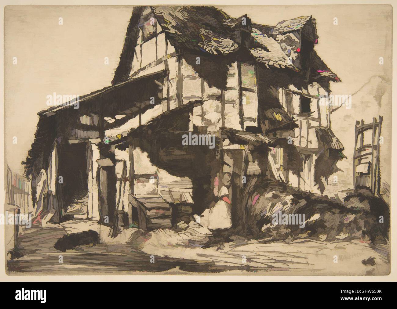 Art inspired by The Unsafe Tenement (The Old Farm), 1858, Etching; fourth state of four (Glasgow); printed in black ink on medium weight tan antique laid paper, Plate: 6 1/4 × 8 7/8 in. (15.8 × 22.6 cm), Prints, James McNeill Whistler (American, Lowell, Massachusetts 1834–1903 London, Classic works modernized by Artotop with a splash of modernity. Shapes, color and value, eye-catching visual impact on art. Emotions through freedom of artworks in a contemporary way. A timeless message pursuing a wildly creative new direction. Artists turning to the digital medium and creating the Artotop NFT Stock Photo