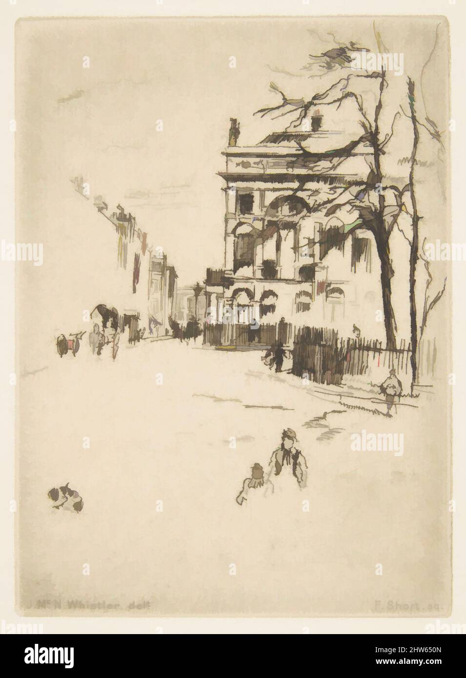 Art inspired by Fitzroy Square (Street Scene), 1878–81, Etching; third state of three (Glasgow); printed in brownish-black ink on medium weight laid paper, Sheet: 8 7/8 × 6 13/16 in. (22.5 × 17.3 cm), Prints, After James McNeill Whistler (American, Lowell, Massachusetts 1834–1903, Classic works modernized by Artotop with a splash of modernity. Shapes, color and value, eye-catching visual impact on art. Emotions through freedom of artworks in a contemporary way. A timeless message pursuing a wildly creative new direction. Artists turning to the digital medium and creating the Artotop NFT Stock Photo