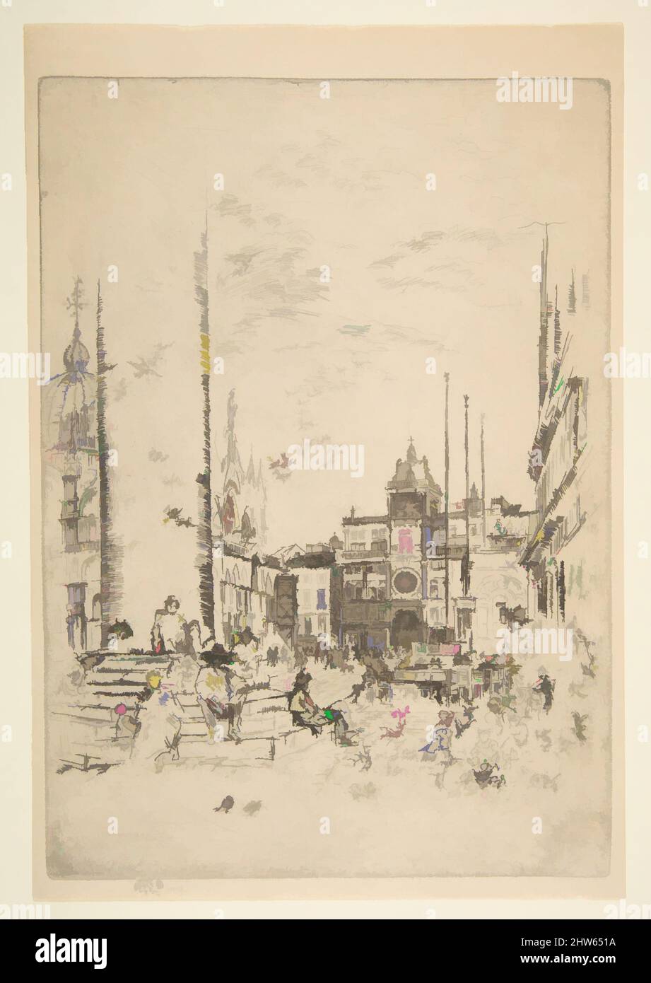 Art inspired by The Piazetta (The Piazzetta), 1879–80, Etching and drypoint; fourth state of nine (Glasgow); printed in black ink on medium weight ivory laid paper, Plate: 9 15/16 × 7 1/16 in. (25.3 × 17.9 cm), Prints, James McNeill Whistler (American, Lowell, Massachusetts 1834–1903, Classic works modernized by Artotop with a splash of modernity. Shapes, color and value, eye-catching visual impact on art. Emotions through freedom of artworks in a contemporary way. A timeless message pursuing a wildly creative new direction. Artists turning to the digital medium and creating the Artotop NFT Stock Photo