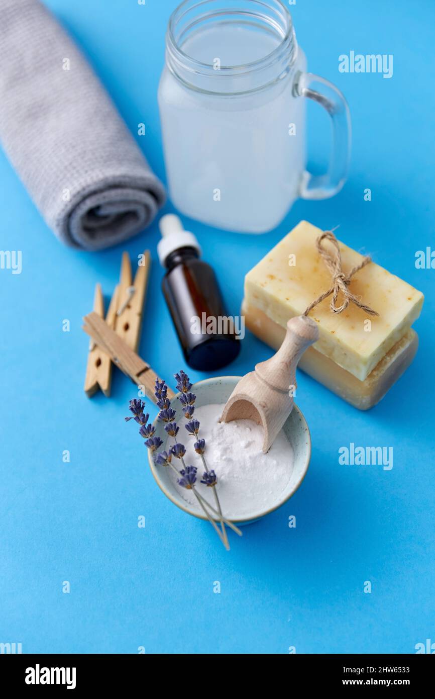 washing soda, soap, towel, dropper and clothespins Stock Photo Alamy