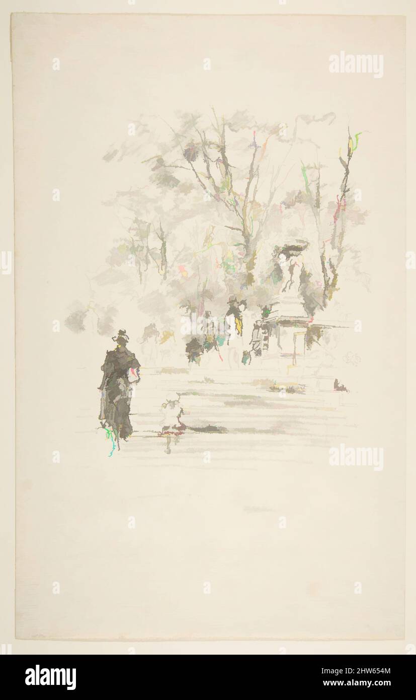Art inspired by The Steps, Luxembourg Gardens, 1893, Transfer lithograph with stumping, drawn on fine-grained transfer paper; only state (Chicago); printed in black ink on ivory laid paper, Image: 8 3/16 × 6 3/16 in. (20.8 × 15.7 cm), Prints, James McNeill Whistler (American, Lowell, Classic works modernized by Artotop with a splash of modernity. Shapes, color and value, eye-catching visual impact on art. Emotions through freedom of artworks in a contemporary way. A timeless message pursuing a wildly creative new direction. Artists turning to the digital medium and creating the Artotop NFT Stock Photo
