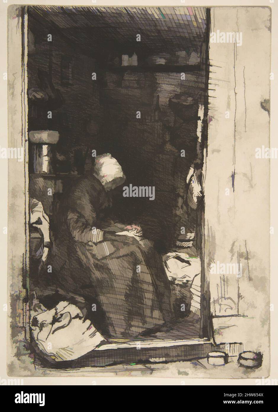Art inspired by La Vieille aux Loques, 1858, Etching and drypoint; fourth state of four (Glasgow); a late impression printed in black ink on cream wove paper, Plate: 8 3/16 × 5 13/16 in. (20.8 × 14.8 cm), Prints, James McNeill Whistler (American, Lowell, Massachusetts 1834–1903 London, Classic works modernized by Artotop with a splash of modernity. Shapes, color and value, eye-catching visual impact on art. Emotions through freedom of artworks in a contemporary way. A timeless message pursuing a wildly creative new direction. Artists turning to the digital medium and creating the Artotop NFT Stock Photo