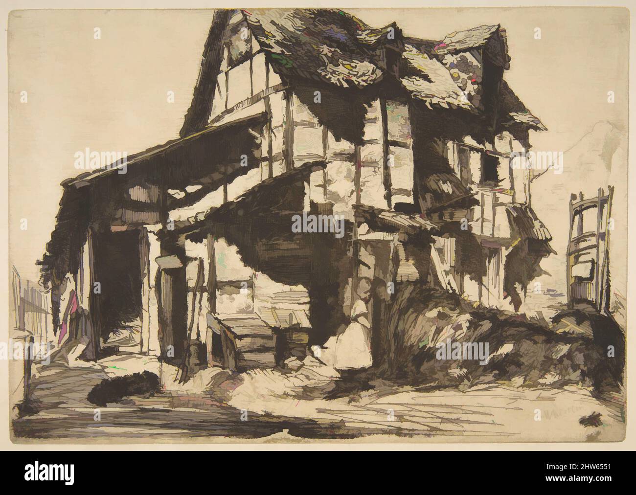 Art inspired by The Unsafe Tenement (The Old Farm), 1858, Etching; fourth state of four (Glasgow); Printed in black ink on on modern medium weight dark cream laid paper, Plate: 6 3/16 × 8 3/4 in. (15.7 × 22.3 cm), Prints, James McNeill Whistler (American, Lowell, Massachusetts 1834–, Classic works modernized by Artotop with a splash of modernity. Shapes, color and value, eye-catching visual impact on art. Emotions through freedom of artworks in a contemporary way. A timeless message pursuing a wildly creative new direction. Artists turning to the digital medium and creating the Artotop NFT Stock Photo