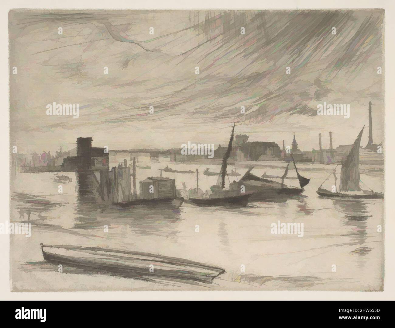Art inspired by Early Morning, Battersea (Battersea Dawn) (Cadogan Pier), 1861, Etching and drypoint; second state of two (Glasgow); printed in black ink on ivory laid paper, plate: 4 1/2 x 5 7/8 in. (11.4 x 14.9 cm), Prints, James McNeill Whistler (American, Lowell, Massachusetts 1834, Classic works modernized by Artotop with a splash of modernity. Shapes, color and value, eye-catching visual impact on art. Emotions through freedom of artworks in a contemporary way. A timeless message pursuing a wildly creative new direction. Artists turning to the digital medium and creating the Artotop NFT Stock Photo