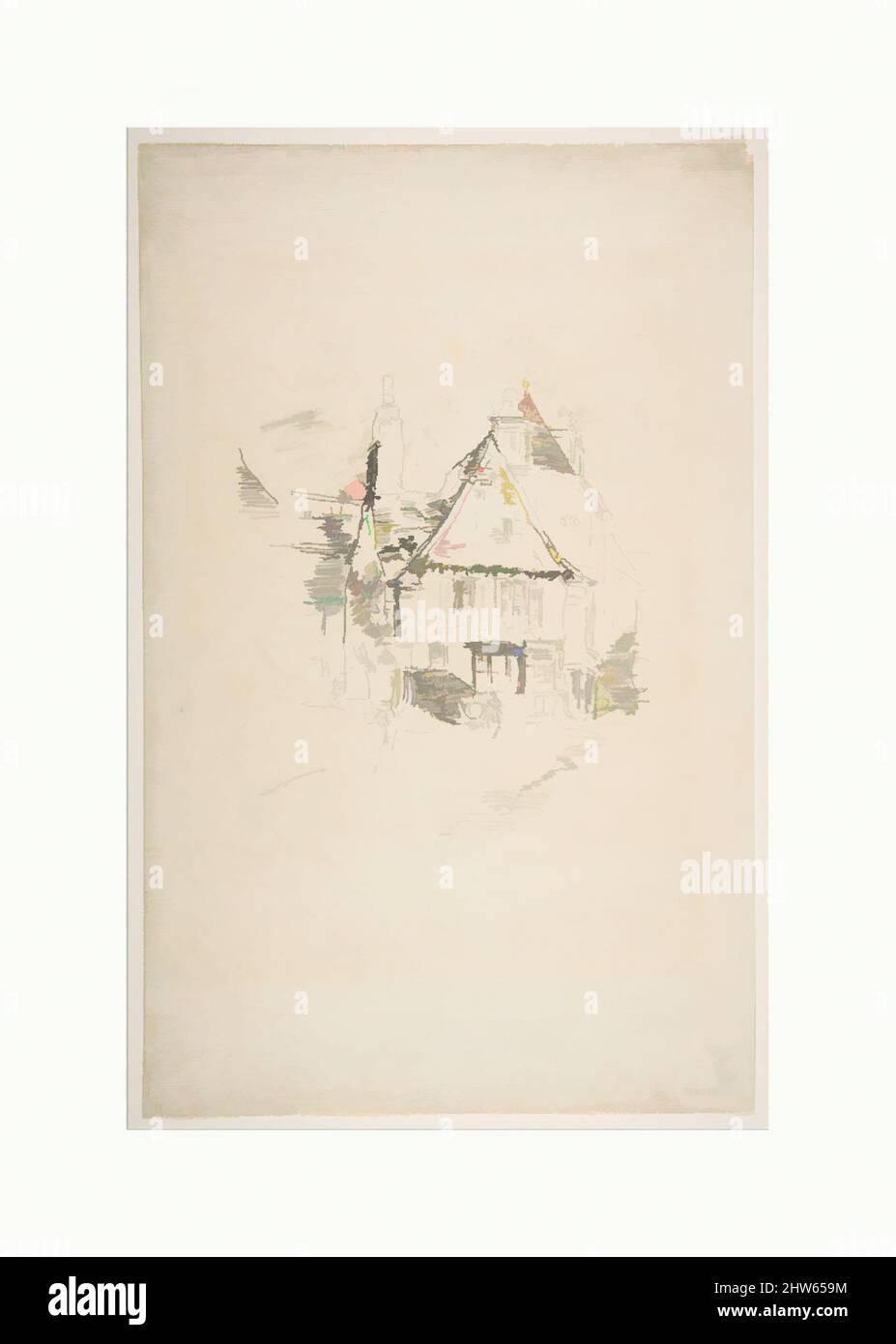 Art inspired by Gabled Roofs (Gabled Roofs, Vitré), 1893, Transfer lithograph with stumping, drawn on fine-grained transfer paper; only state (Chicago); printed in black ink on medium weight ivory laid paper, Image: 8 1/16 × 6 5/16 in. (20.4 × 16.1 cm), Prints, James McNeill Whistler (, Classic works modernized by Artotop with a splash of modernity. Shapes, color and value, eye-catching visual impact on art. Emotions through freedom of artworks in a contemporary way. A timeless message pursuing a wildly creative new direction. Artists turning to the digital medium and creating the Artotop NFT Stock Photo