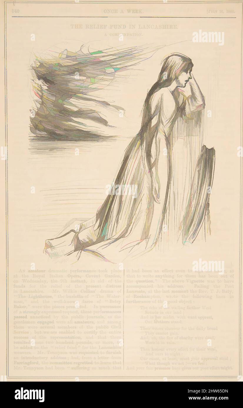 Art inspired by Illustration to 'The Relief Fund in Lancashire' (Once a Week, July 26, 1862), 1862, Wood engraving, Prints, After James McNeill Whistler (American, Lowell, Massachusetts 1834–1903 London, Classic works modernized by Artotop with a splash of modernity. Shapes, color and value, eye-catching visual impact on art. Emotions through freedom of artworks in a contemporary way. A timeless message pursuing a wildly creative new direction. Artists turning to the digital medium and creating the Artotop NFT Stock Photo
