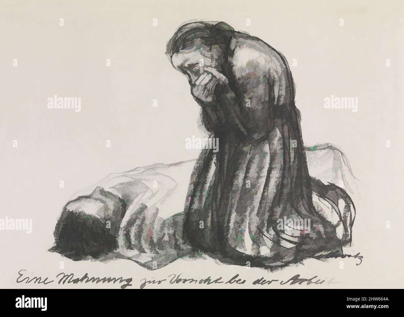 Art inspired by A Warning To Be Careful While Working (Eine Mahnung zur Vorsicht bei der Arbeit), n.d., Photo-lithograph, sheet: 16 1/8 x 22 1/16 in. (41 x 56 cm), Prints, Käthe Kollwitz (German, Kaliningrad (Königsberg) 1867–1945 Moritzburg, Classic works modernized by Artotop with a splash of modernity. Shapes, color and value, eye-catching visual impact on art. Emotions through freedom of artworks in a contemporary way. A timeless message pursuing a wildly creative new direction. Artists turning to the digital medium and creating the Artotop NFT Stock Photo