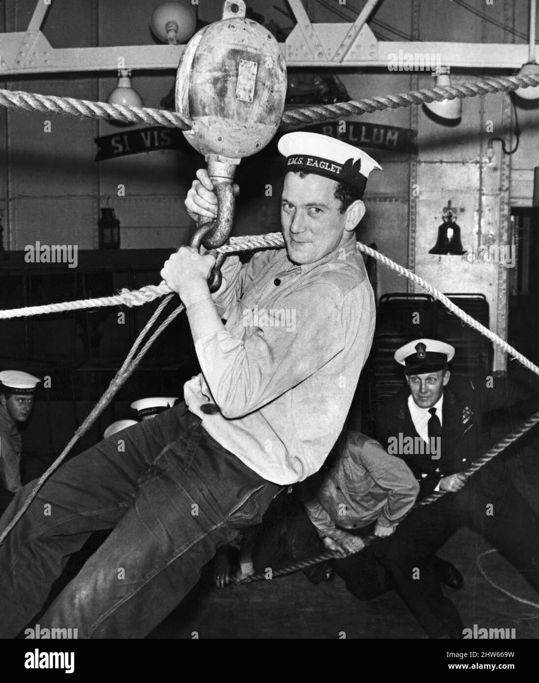 Able seaman Peter Roberts at HMS Eaglet, the  training centre for the Royal Naval Reserve associated with Liverpool. December 1968. Stock Photo