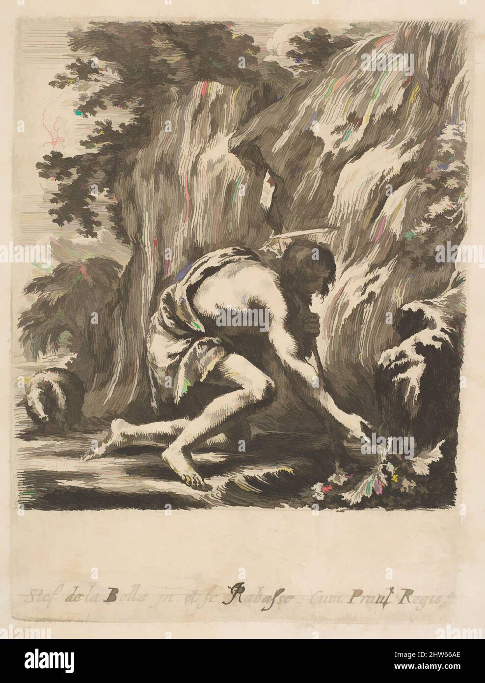 Art inspired by St. John the Baptist Drawing Water from a Spring, ca. 1649, Etching with engraving; third state of four, Plate: 4 3/8 × 3 1/4 in. (11.1 × 8.3 cm), Prints, Etched by Stefano della Bella (Italian, Florence 1610–1664 Florence, Classic works modernized by Artotop with a splash of modernity. Shapes, color and value, eye-catching visual impact on art. Emotions through freedom of artworks in a contemporary way. A timeless message pursuing a wildly creative new direction. Artists turning to the digital medium and creating the Artotop NFT Stock Photo