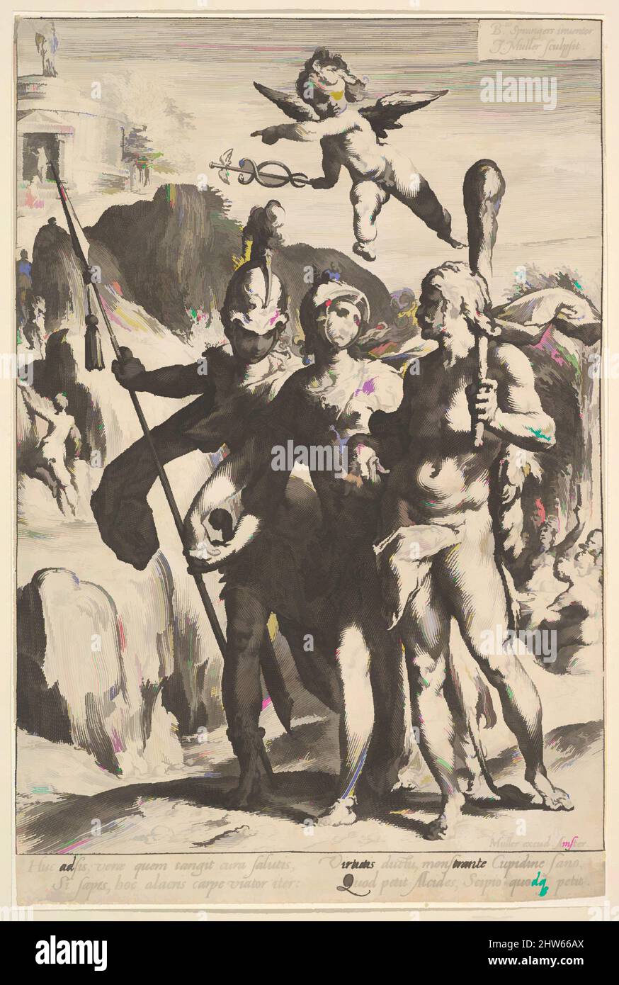 Art inspired by Hercules Being Shown the Mountainous Road to the Temple of Immortal Fame in the Company of Minerva and Mars, ca. 1591, Engraving, Sheet: 9 1/2 × 6 5/16 in. (24.1 × 16 cm), Prints, Jan Muller (Netherlandish, Amsterdam 1571–1628 Amsterdam), After Bartholomeus Spranger (, Classic works modernized by Artotop with a splash of modernity. Shapes, color and value, eye-catching visual impact on art. Emotions through freedom of artworks in a contemporary way. A timeless message pursuing a wildly creative new direction. Artists turning to the digital medium and creating the Artotop NFT Stock Photo