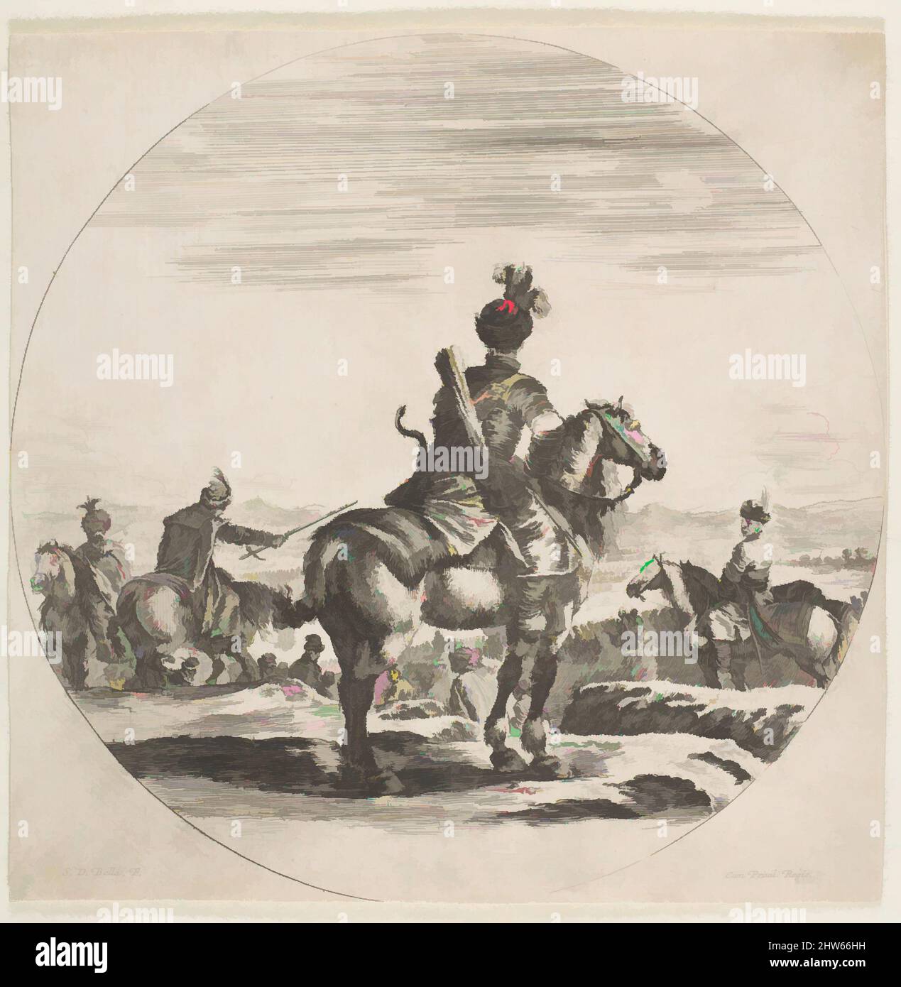 Art inspired by Polish horseman with a bow and arrow, seen from behind with his horse facing right, a circular composition, from 'Figures on Horseback' (Cavaliers nègres, polonais et hongrois), ca. 1651, Etching, Sheet: 7 5/16 × 7 5/16 in. (18.5 × 18.5 cm), Prints, Stefano della Bella, Classic works modernized by Artotop with a splash of modernity. Shapes, color and value, eye-catching visual impact on art. Emotions through freedom of artworks in a contemporary way. A timeless message pursuing a wildly creative new direction. Artists turning to the digital medium and creating the Artotop NFT Stock Photo