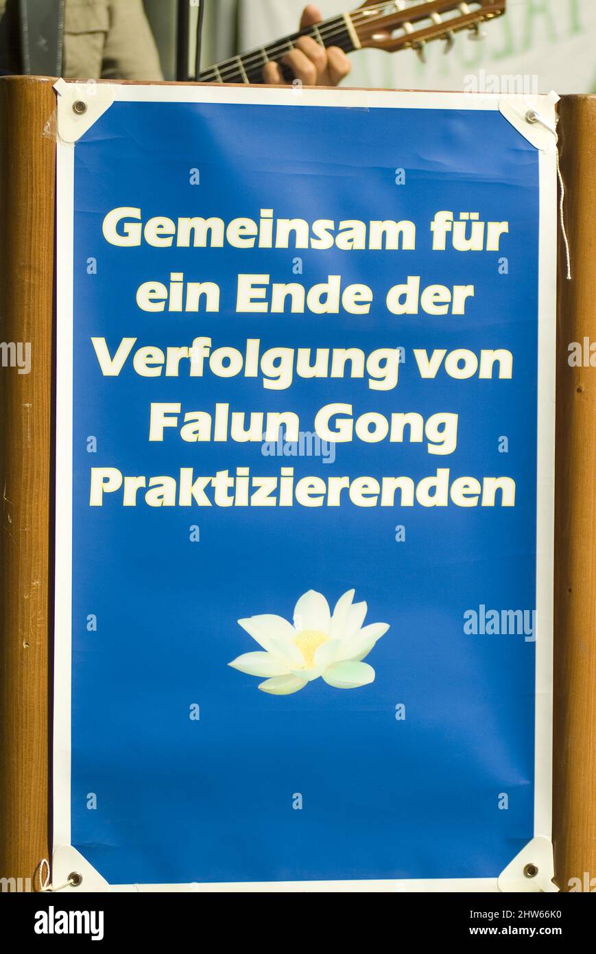 Vienna, Austria. August 23, 2008. Falun Dafa demonstration in Vienna. Inscription 'Together to End the Persecution of Falun Gong Practitioners'. Stock Photo