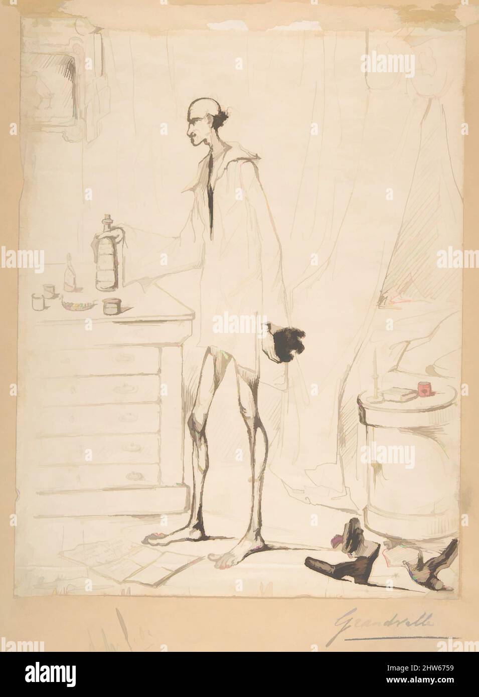 Art inspired by Man in a Nightshirt Reaching for a Bottle Labeled 'Fountain of Youth', 1803–47, Pen and brown ink on wove paper, laid down on brown wove paper, sheet: 11 7/8 x 9 3/16 in. (30.2 x 23.4 cm), Drawings, J. J. Grandville (French, Nancy 1803–1847 Vanves, Classic works modernized by Artotop with a splash of modernity. Shapes, color and value, eye-catching visual impact on art. Emotions through freedom of artworks in a contemporary way. A timeless message pursuing a wildly creative new direction. Artists turning to the digital medium and creating the Artotop NFT Stock Photo