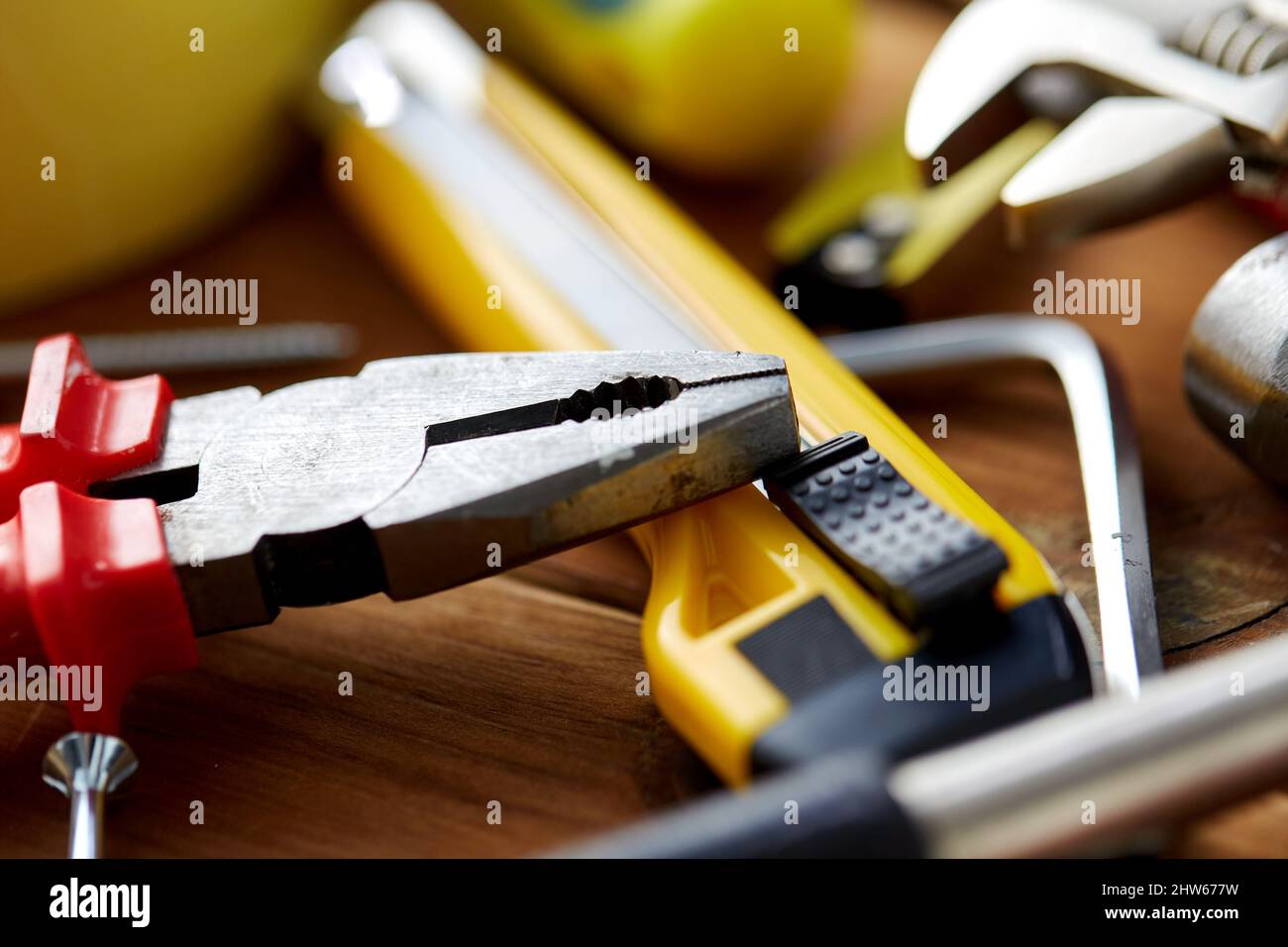 Work tools on wooden hi-res stock photography and images - Alamy