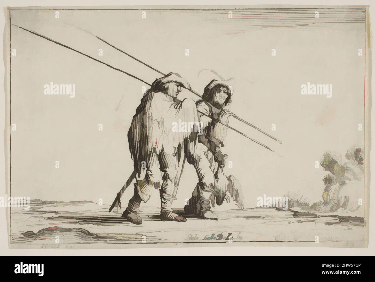 Art inspired by Plate 13: Two pikemen walking towards the right, each with their pikes in their right hands, from 'Various Figures' (Agréable diversité de figures), 1642, Engraving; undescribed state between second and third of five, Sheet: 2 5/8 × 3 15/16 in. (6.7 × 10 cm), Prints, Classic works modernized by Artotop with a splash of modernity. Shapes, color and value, eye-catching visual impact on art. Emotions through freedom of artworks in a contemporary way. A timeless message pursuing a wildly creative new direction. Artists turning to the digital medium and creating the Artotop NFT Stock Photo