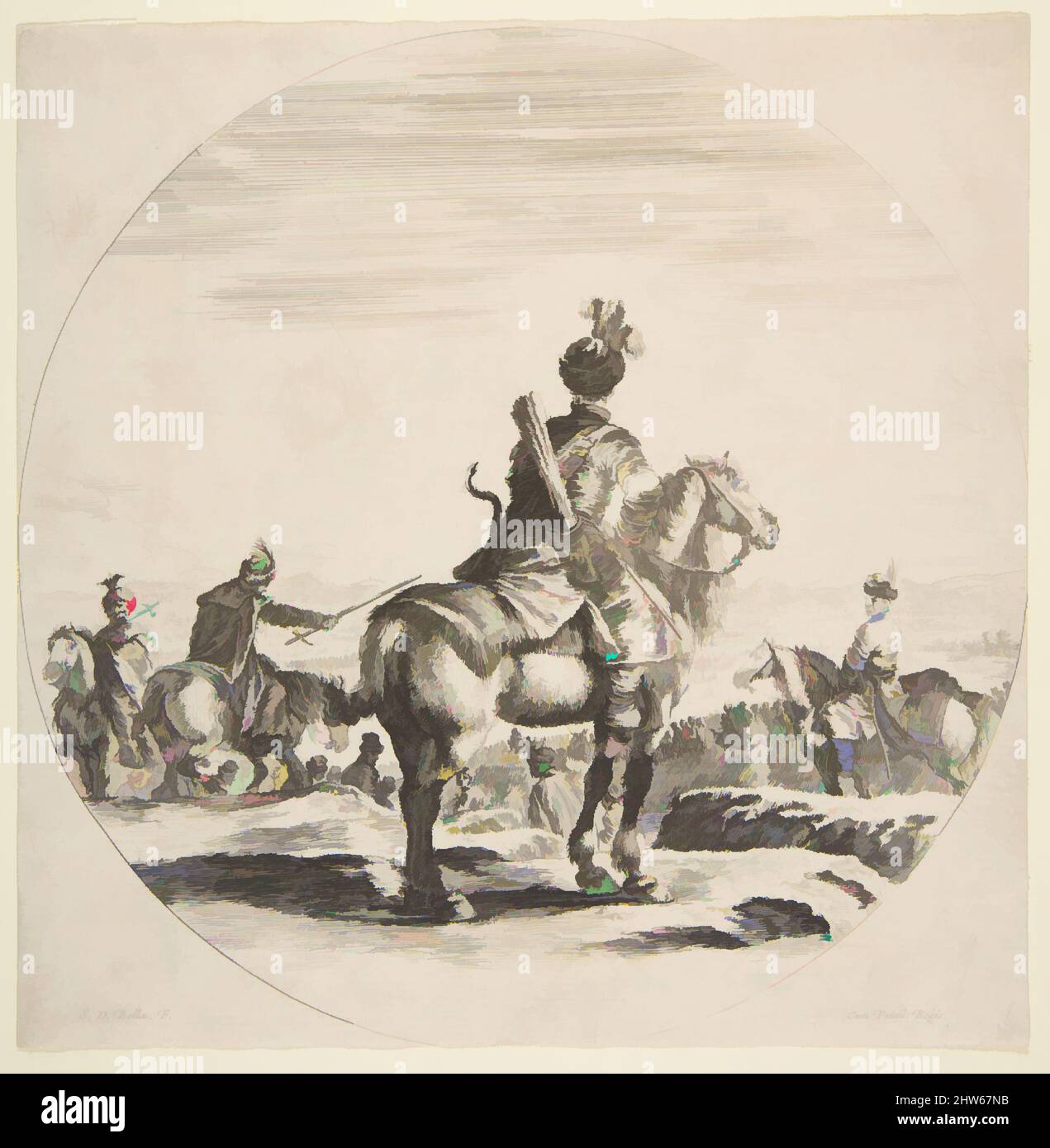 Art inspired by Polish horseman with a bow and arrow, seen from behind with his horse facing right, a circular composition, from 'Figures on Horseback' (Cavaliers nègres, polonais et hongrois), ca. 1651, Etching, Sheet (trimmed to plate): 7 3/8 × 7 3/16 in. (18.7 × 18.3 cm), Prints, Classic works modernized by Artotop with a splash of modernity. Shapes, color and value, eye-catching visual impact on art. Emotions through freedom of artworks in a contemporary way. A timeless message pursuing a wildly creative new direction. Artists turning to the digital medium and creating the Artotop NFT Stock Photo