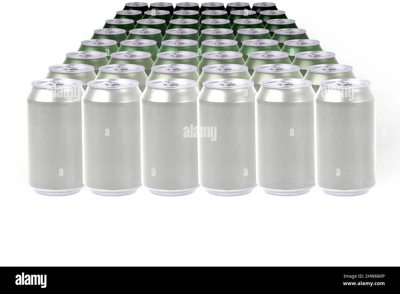 Bright aluminum cans forming a green gradient on a white background. Concept color shades. Green color gradient Stock Photo