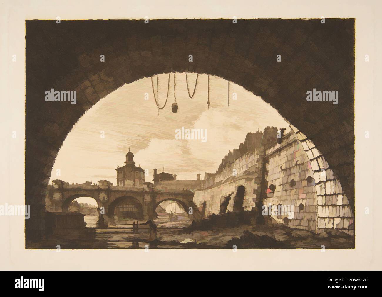 Art inspired by Le Pont-neuf et la Samartaine de dessous la première arche du Pont-au-Change (Pont-neuf and the Samartaine seen from under the first arch of the Pont-au-Change, Paris, after Nicolle), 1855, Etching with engraving, plate: 5 3/4 x 8 in. (14.6 x 20.3 cm), Prints, Charles, Classic works modernized by Artotop with a splash of modernity. Shapes, color and value, eye-catching visual impact on art. Emotions through freedom of artworks in a contemporary way. A timeless message pursuing a wildly creative new direction. Artists turning to the digital medium and creating the Artotop NFT Stock Photo