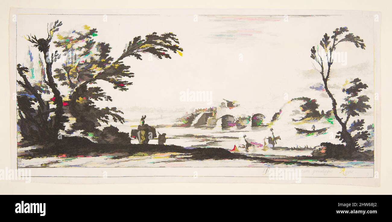 Art inspired by Plate 3: two horsemen crossing a river to right, a woman with two baskets atop a donkey to left, trees to the left and right, a bridge in the background, from 'Various landscapes' (Divers paysages), ca. 1641, Etching; second state of two, Sheet (trimmed): 4 7/8 × 10 5/, Classic works modernized by Artotop with a splash of modernity. Shapes, color and value, eye-catching visual impact on art. Emotions through freedom of artworks in a contemporary way. A timeless message pursuing a wildly creative new direction. Artists turning to the digital medium and creating the Artotop NFT Stock Photo