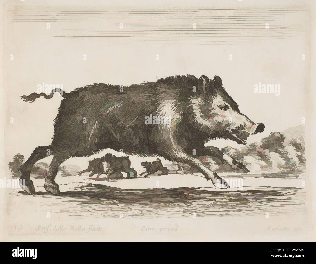 Art inspired by Plate 19: wild boar, from 'Various animals' (Diversi animali), ca. 1641, Etching; second state of three, Plate: 3 3/8 × 4 3/8 in. (8.5 × 11.1 cm), Prints, Stefano della Bella (Italian, Florence 1610–1664 Florence, Classic works modernized by Artotop with a splash of modernity. Shapes, color and value, eye-catching visual impact on art. Emotions through freedom of artworks in a contemporary way. A timeless message pursuing a wildly creative new direction. Artists turning to the digital medium and creating the Artotop NFT Stock Photo