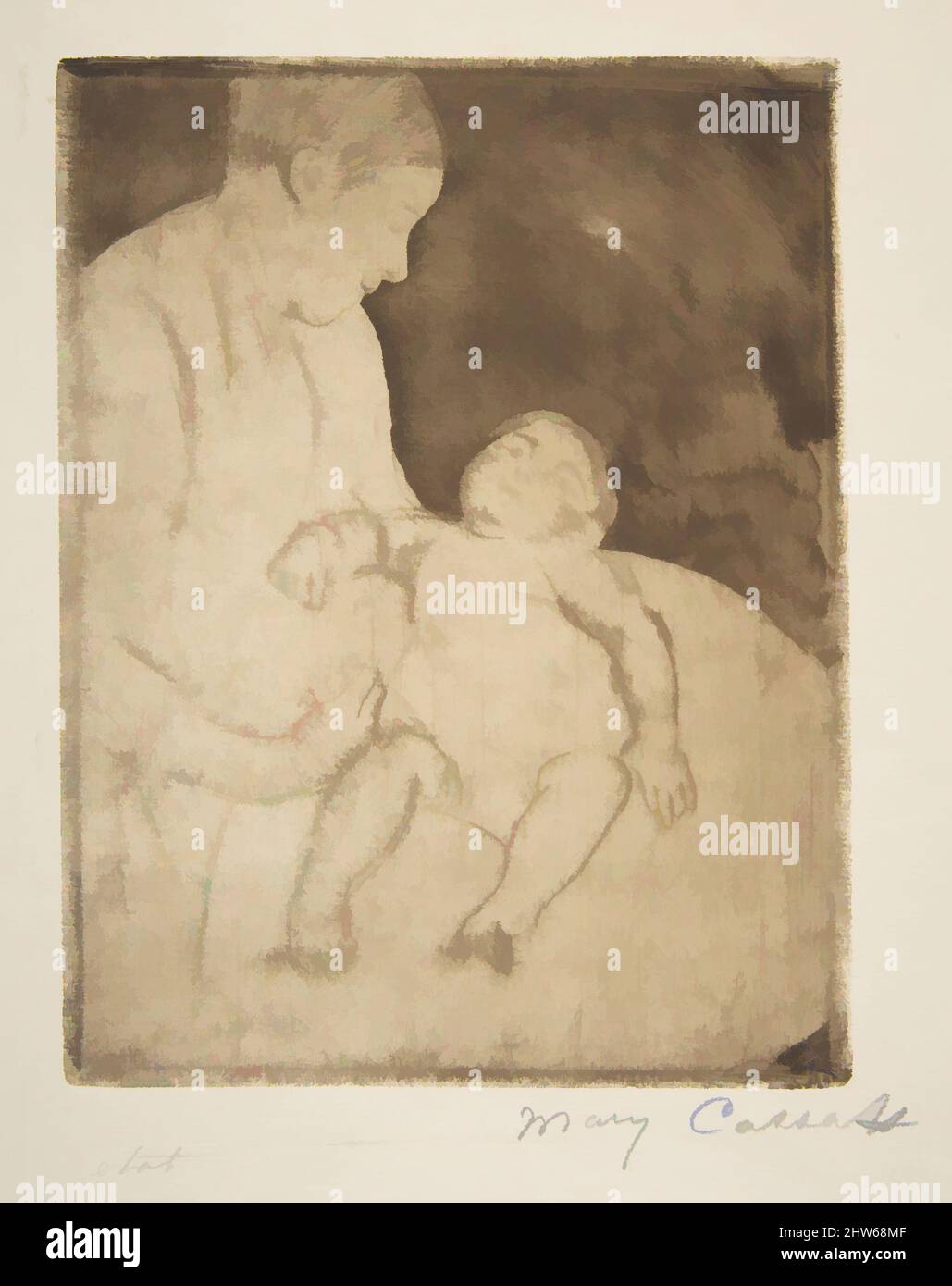 Art inspired by Bill Lying on His Mother's Lap, ca. 1889, Soft-ground and aquatint; fourth state of five, plate: 7 1/16 x 5 7/16 in. (17.9 x 13.8 cm), Prints, Mary Cassatt (American, Pittsburgh, Pennsylvania 1844–1926 Le Mesnil-Théribus, Oise, Classic works modernized by Artotop with a splash of modernity. Shapes, color and value, eye-catching visual impact on art. Emotions through freedom of artworks in a contemporary way. A timeless message pursuing a wildly creative new direction. Artists turning to the digital medium and creating the Artotop NFT Stock Photo