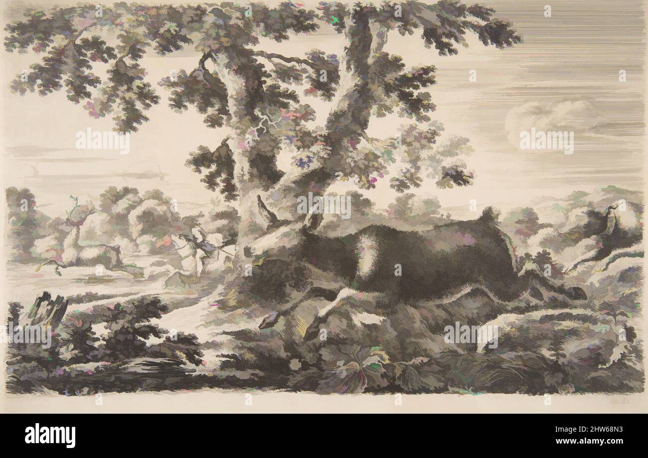 Art inspired by Deer hunt, from 'Animal hunts' (Chasses à différents animaux), ca. 1654, Etching, Sheet (trimmed to plate): 5 7/8 in. × 9 in. (15 × 22.9 cm), Prints, Stefano della Bella (Italian, Florence 1610–1664 Florence, Classic works modernized by Artotop with a splash of modernity. Shapes, color and value, eye-catching visual impact on art. Emotions through freedom of artworks in a contemporary way. A timeless message pursuing a wildly creative new direction. Artists turning to the digital medium and creating the Artotop NFT Stock Photo