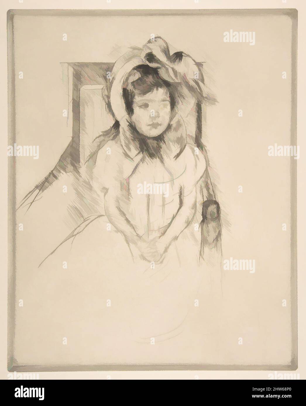Art inspired by Margot Wearing a Large Bonnet, Seated in an Armchair, ca. 1904, Drypoint; only state, plate: 11 11/16 x 9 3/8 in. (29.7 x 23.8 cm), Prints, Mary Cassatt (American, Pittsburgh, Pennsylvania 1844–1926 Le Mesnil-Théribus, Oise, Classic works modernized by Artotop with a splash of modernity. Shapes, color and value, eye-catching visual impact on art. Emotions through freedom of artworks in a contemporary way. A timeless message pursuing a wildly creative new direction. Artists turning to the digital medium and creating the Artotop NFT Stock Photo