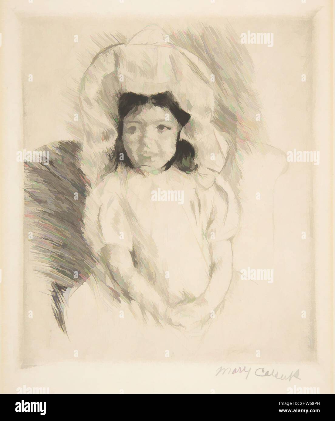 Art inspired by Margot Wearing a Bonnet (No. 2), 1923, Drypoint; second state of two, restrike, plate: 2 11/16 x 2 5/16 in. (6.9 x 5.9 cm), Prints, Mary Cassatt (American, Pittsburgh, Pennsylvania 1844–1926 Le Mesnil-Théribus, Oise, Classic works modernized by Artotop with a splash of modernity. Shapes, color and value, eye-catching visual impact on art. Emotions through freedom of artworks in a contemporary way. A timeless message pursuing a wildly creative new direction. Artists turning to the digital medium and creating the Artotop NFT Stock Photo