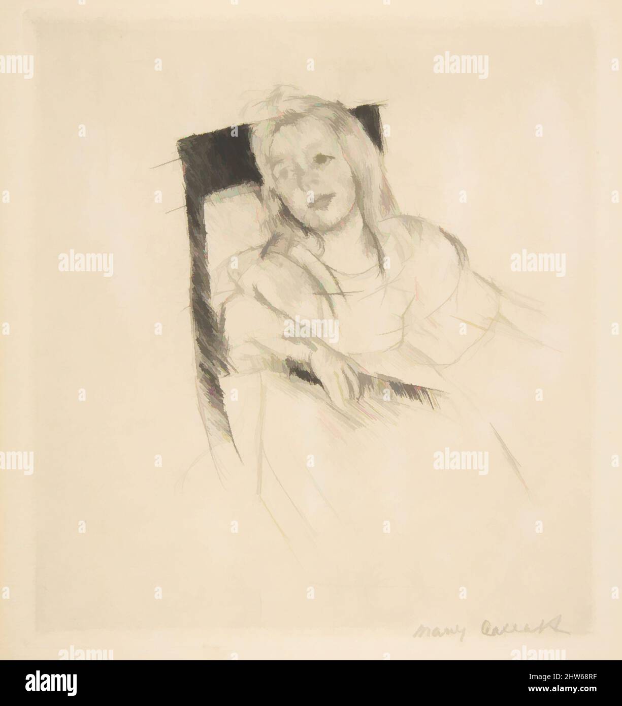 Art inspired by Simone Resting Her Head on the Back of a Chair, 1923, Drypoint; second state, restrike, plate: 5 11/16 x 6 15/16 in. (14.4 x 17.7 cm), Prints, Mary Cassatt (American, Pittsburgh, Pennsylvania 1844–1926 Le Mesnil-Théribus, Oise, Classic works modernized by Artotop with a splash of modernity. Shapes, color and value, eye-catching visual impact on art. Emotions through freedom of artworks in a contemporary way. A timeless message pursuing a wildly creative new direction. Artists turning to the digital medium and creating the Artotop NFT Stock Photo