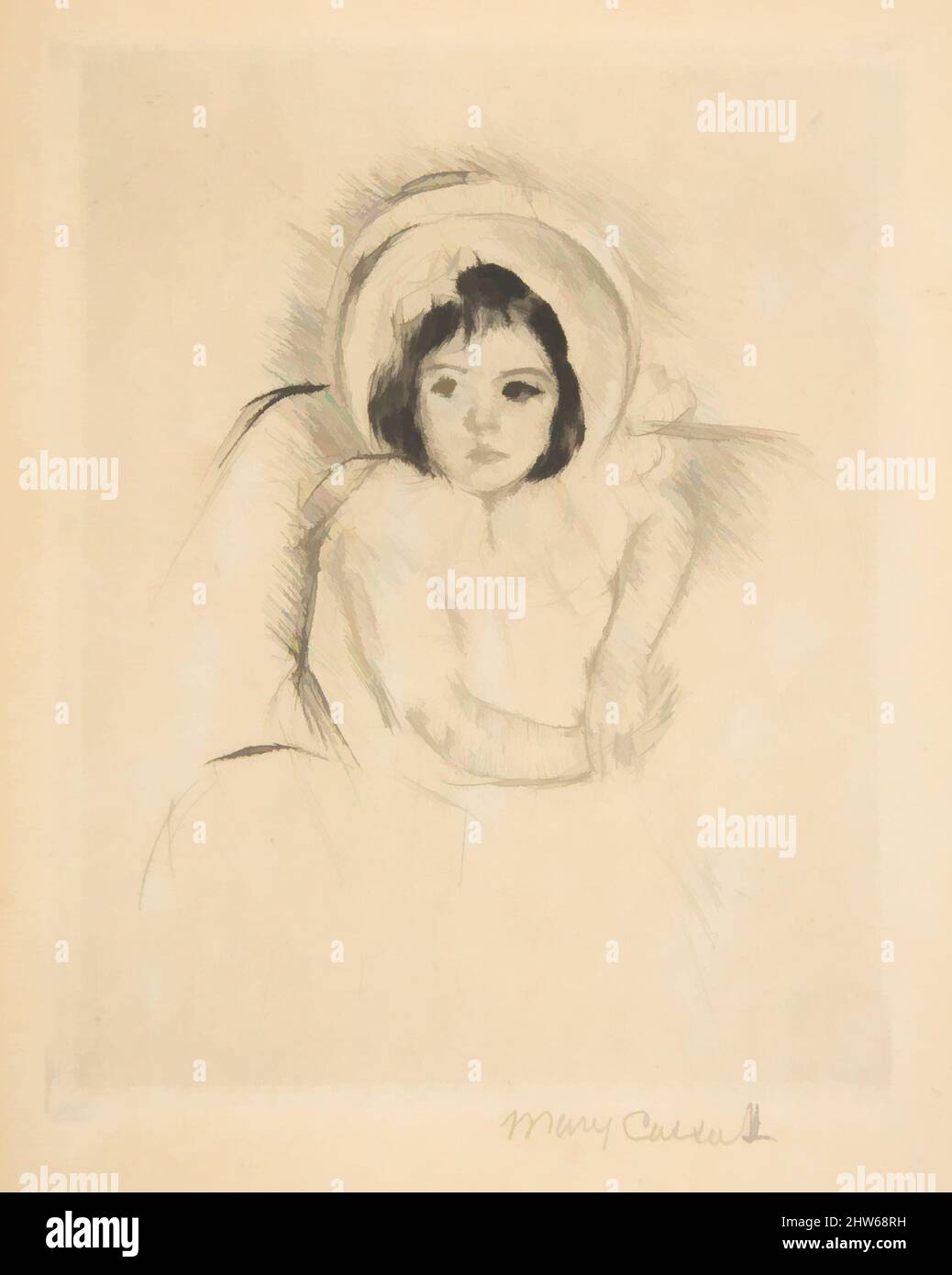 Art inspired by Margot Wearing a Bonnet (No. 5), 1923, Drypoint; second state, restrike, plate: 6 15/16 x 5 9/16 in. (17.7 x 14.2 cm), Prints, Mary Cassatt (American, Pittsburgh, Pennsylvania 1844–1926 Le Mesnil-Théribus, Oise, Classic works modernized by Artotop with a splash of modernity. Shapes, color and value, eye-catching visual impact on art. Emotions through freedom of artworks in a contemporary way. A timeless message pursuing a wildly creative new direction. Artists turning to the digital medium and creating the Artotop NFT Stock Photo