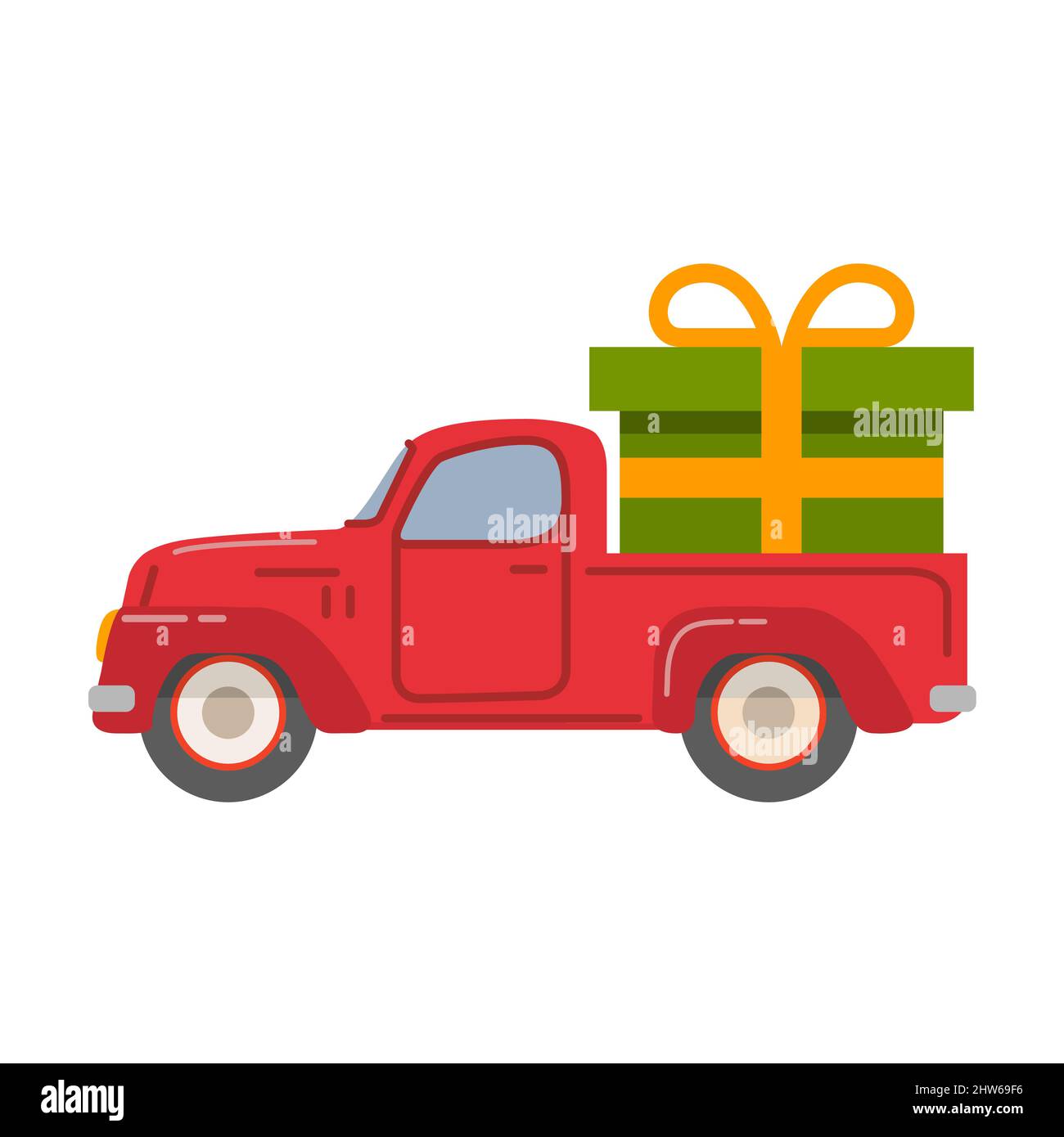 Retro pickup red truck with green gift box.Happy New Year postcard. Stock Vector