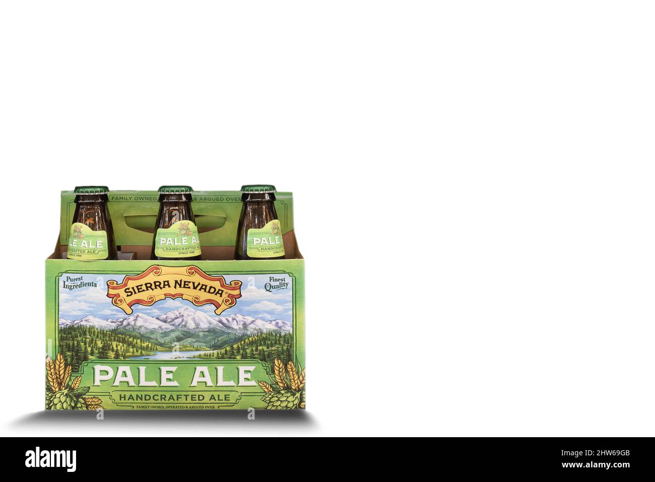 Bottles of SIERRA NEVADA beer on white background with copy space. Stock Photo