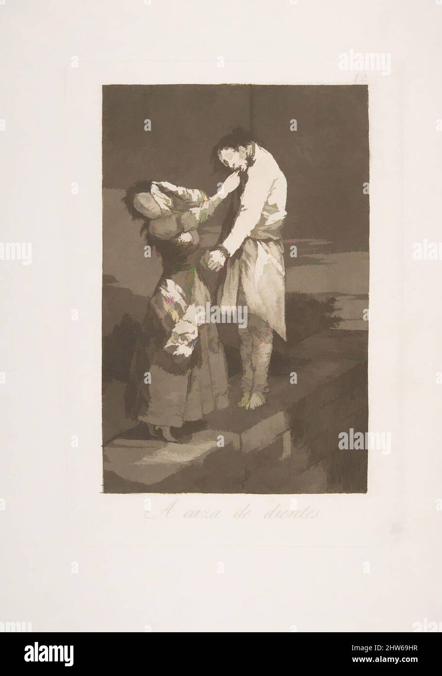 Art inspired by Plate 12 from 'Los Caprichos': Out hunting for teeth (A caza de dientes.), 1799, Etching, burnished aquatint and burin, Plate: 8 1/2 × 5 7/8 in. (21.6 × 15 cm), Prints, Goya (Francisco de Goya y Lucientes) (Spanish, Fuendetodos 1746–1828 Bordeaux), This is plate number, Classic works modernized by Artotop with a splash of modernity. Shapes, color and value, eye-catching visual impact on art. Emotions through freedom of artworks in a contemporary way. A timeless message pursuing a wildly creative new direction. Artists turning to the digital medium and creating the Artotop NFT Stock Photo