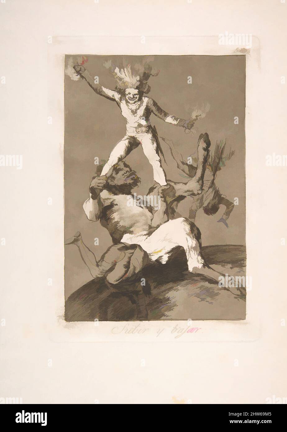 Art inspired by Plate 56 from 'Los Caprichos': To rise and to fall (Subir y bajar.), 1799, etching and burnished aquatint, Plate: 8 7/16 x 5 7/8 in. (21.4 x 14.9 cm), Prints, Goya (Francisco de Goya y Lucientes) (Spanish, Fuendetodos 1746–1828 Bordeaux, Classic works modernized by Artotop with a splash of modernity. Shapes, color and value, eye-catching visual impact on art. Emotions through freedom of artworks in a contemporary way. A timeless message pursuing a wildly creative new direction. Artists turning to the digital medium and creating the Artotop NFT Stock Photo