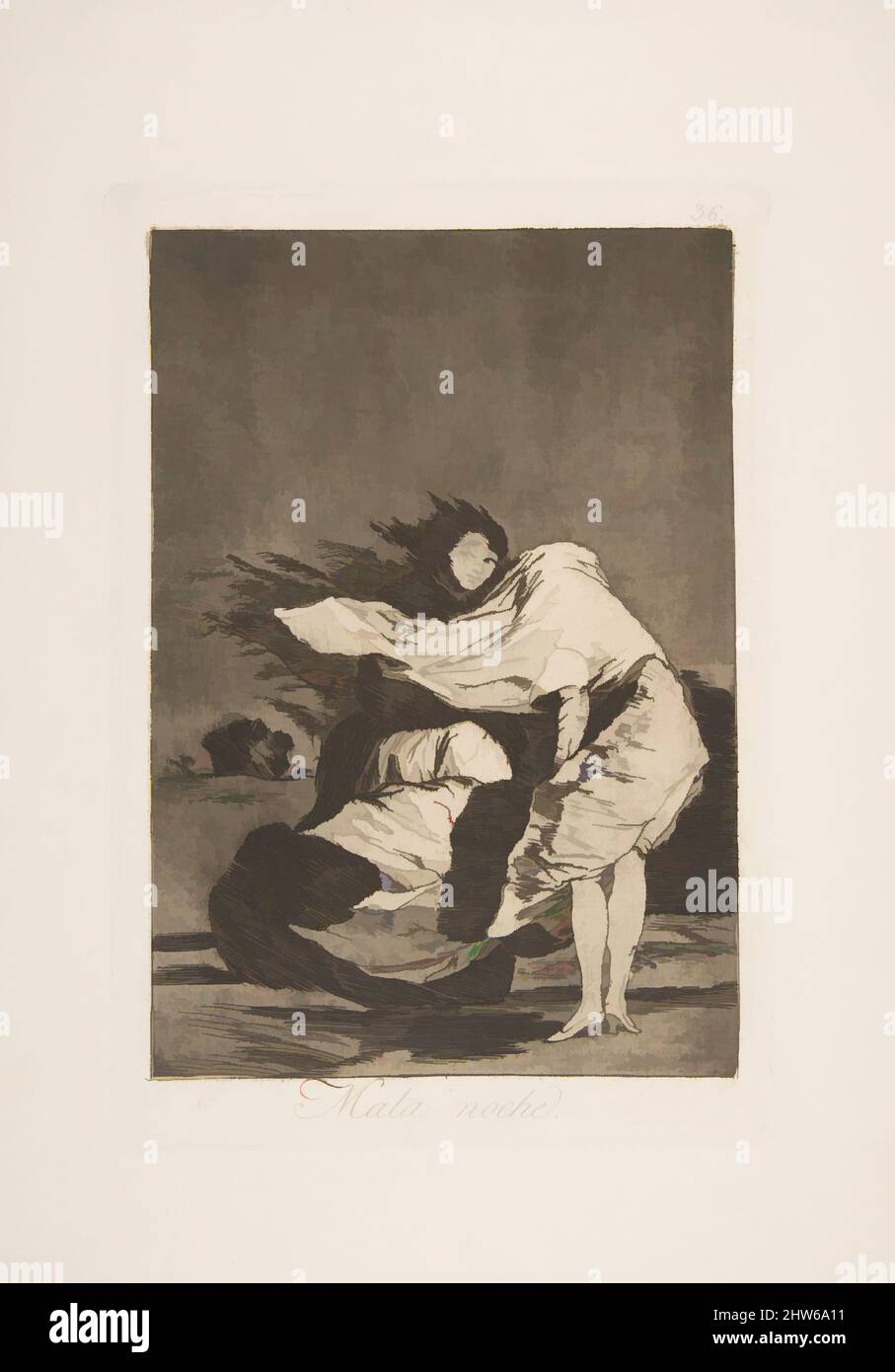 Art inspired by Plate 36 from 'Los Caprichos: A bad night (Mala noche.), 1881–86, Etching and burnished aquatint, Plate: 8 7/16 x 6 in. (21.5 x 15.2 cm), Prints, Goya (Francisco de Goya y Lucientes) (Spanish, Fuendetodos 1746–1828 Bordeaux, Classic works modernized by Artotop with a splash of modernity. Shapes, color and value, eye-catching visual impact on art. Emotions through freedom of artworks in a contemporary way. A timeless message pursuing a wildly creative new direction. Artists turning to the digital medium and creating the Artotop NFT Stock Photo