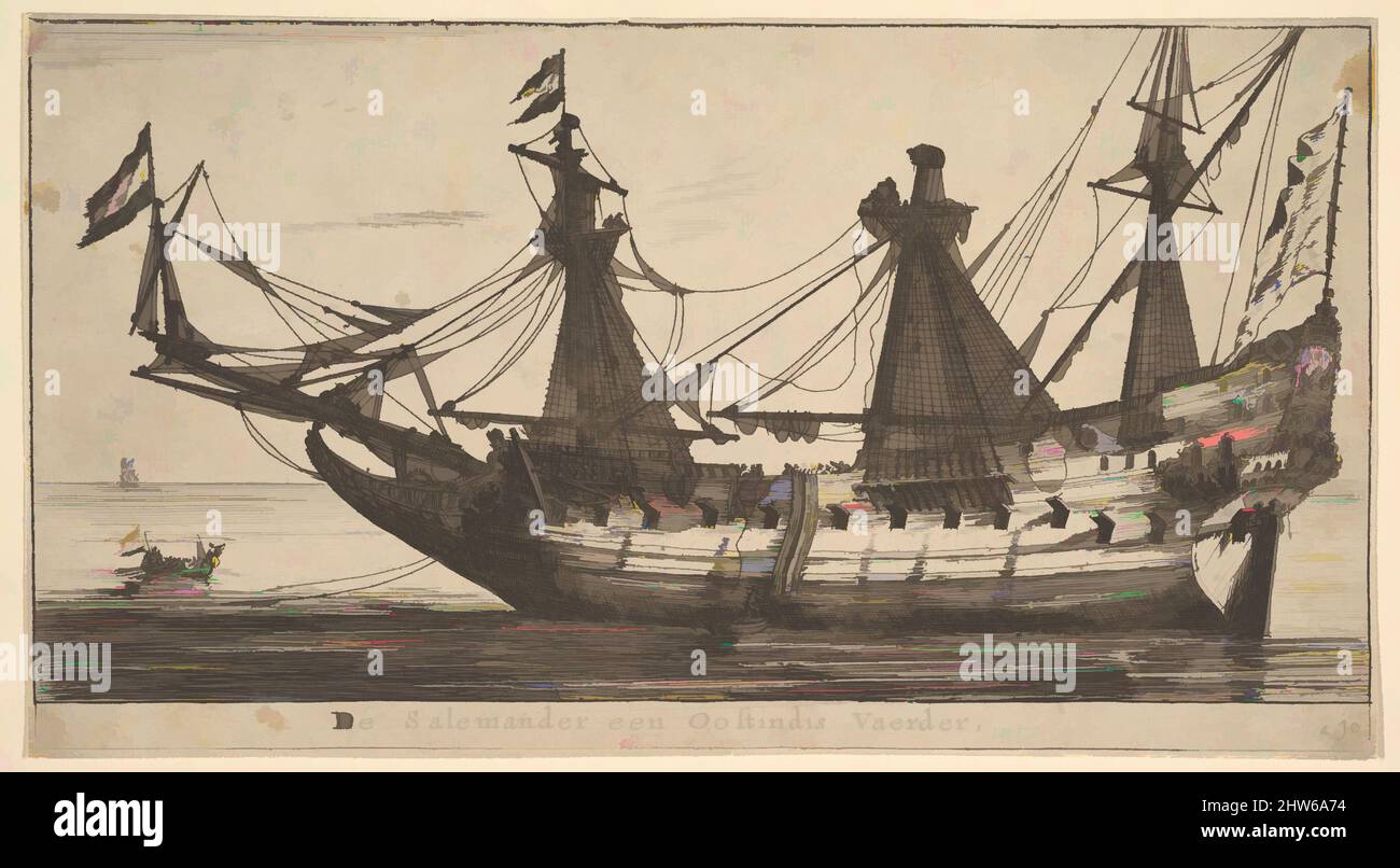 Art inspired by De Salemander een Oostindis Vaerder, mid-17th century, Etching; second state, sheet: 5 1/4 x 9 5/8 in. (13.3 x 24.5 cm), Prints, Reinier Nooms, called Zeeman (Dutch, Amsterdam ca. 1623–1664 Amsterdam, Classic works modernized by Artotop with a splash of modernity. Shapes, color and value, eye-catching visual impact on art. Emotions through freedom of artworks in a contemporary way. A timeless message pursuing a wildly creative new direction. Artists turning to the digital medium and creating the Artotop NFT Stock Photo