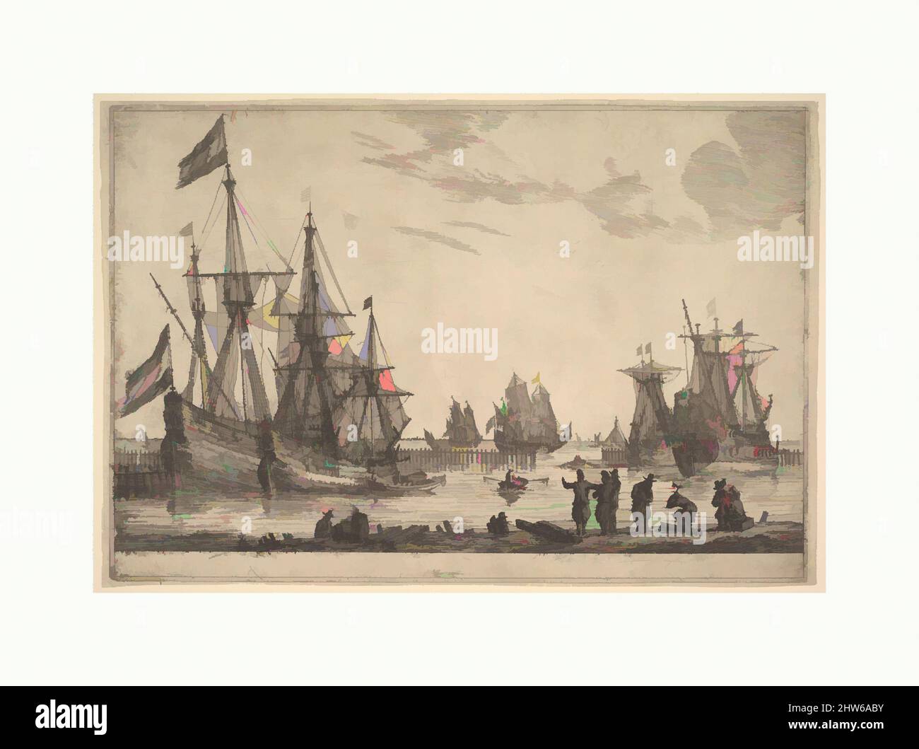 Art inspired by Four Sailing Vessels near a Breakwater, 17th century, Etching; state I, sheet: 8 1/4 x 12 1/16 in. (20.9 x 30.7 cm), Prints, Reinier Nooms, called Zeeman (Dutch, Amsterdam ca. 1623–1664 Amsterdam, Classic works modernized by Artotop with a splash of modernity. Shapes, color and value, eye-catching visual impact on art. Emotions through freedom of artworks in a contemporary way. A timeless message pursuing a wildly creative new direction. Artists turning to the digital medium and creating the Artotop NFT Stock Photo