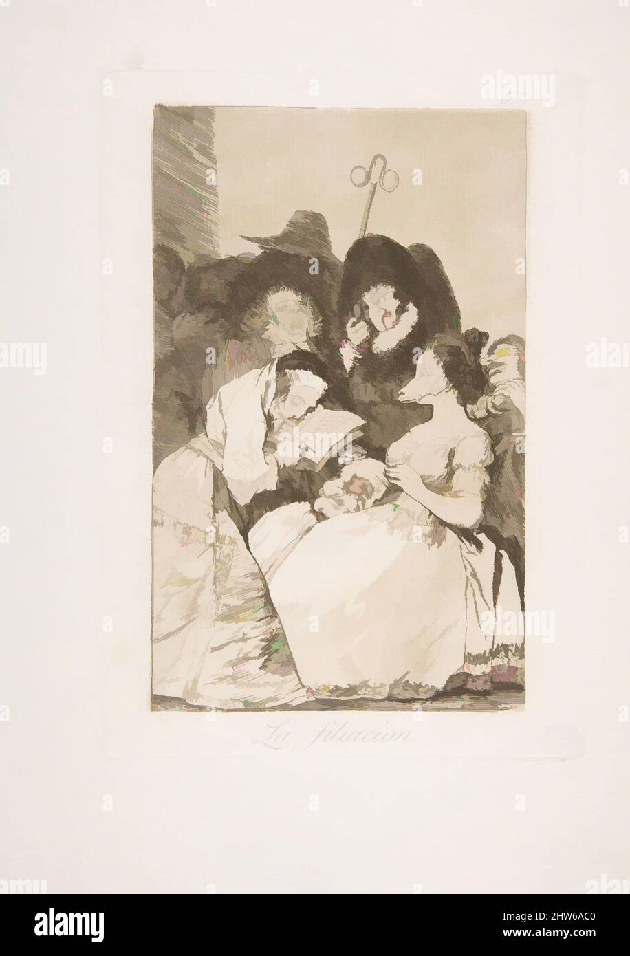 Art inspired by Plate 57 from 'Los Caprichos':The filiation (La filiacion.), 1799, Etching and aquatint, Plate: 8 7/16 x 5 7/8 in. (21.5 x 15 cm), Prints, Goya (Francisco de Goya y Lucientes) (Spanish, Fuendetodos 1746–1828 Bordeaux, Classic works modernized by Artotop with a splash of modernity. Shapes, color and value, eye-catching visual impact on art. Emotions through freedom of artworks in a contemporary way. A timeless message pursuing a wildly creative new direction. Artists turning to the digital medium and creating the Artotop NFT Stock Photo