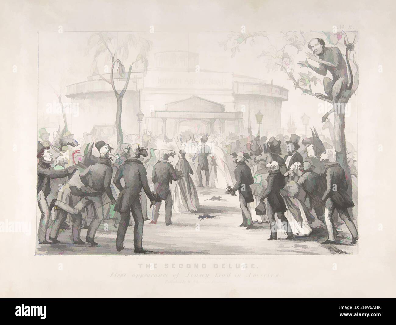 Art inspired by Castle Gardens, The Second Deluge, First Appearance of Jenny Lind in America, 1850, Lithograph, image: 13 7/16 x 9 3/8 in. (34.1 x 23.8 cm), Prints, Anonymous, American, 19th century, Classic works modernized by Artotop with a splash of modernity. Shapes, color and value, eye-catching visual impact on art. Emotions through freedom of artworks in a contemporary way. A timeless message pursuing a wildly creative new direction. Artists turning to the digital medium and creating the Artotop NFT Stock Photo