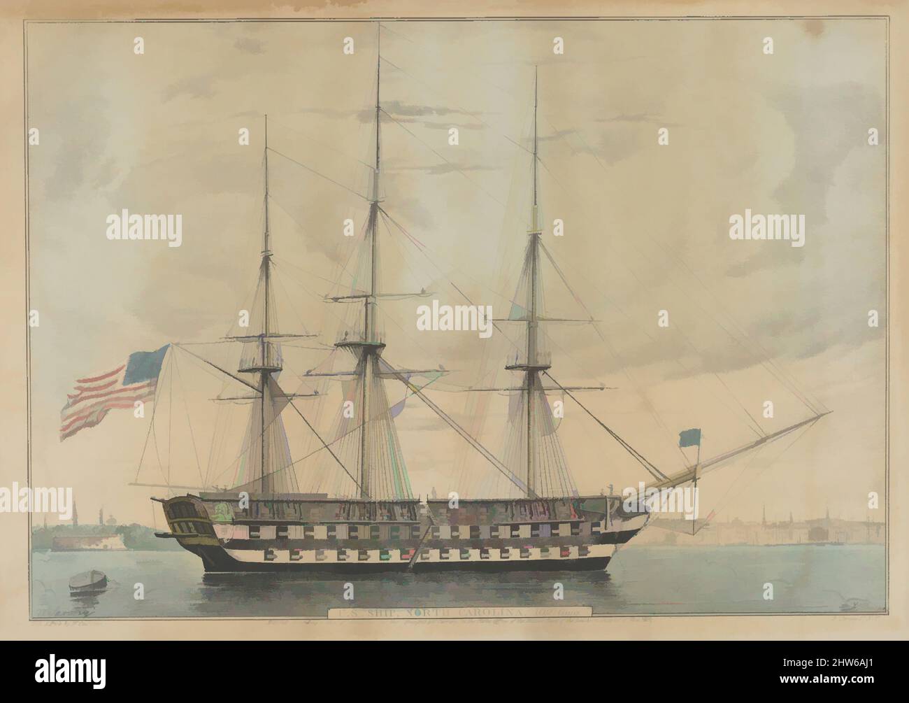 Art inspired by U. S. Ship North Carolina, 102 Guns, 1843, Hand-colored lithograph, image: 9 1/8 x 13 1/8 in. (23.2 x 33.4 cm), Prints, Napoleon Sarony (American (born Canada), Quebec 1821–1896 New York), A marine print. A three-masted ship faces right with an American flag flying off, Classic works modernized by Artotop with a splash of modernity. Shapes, color and value, eye-catching visual impact on art. Emotions through freedom of artworks in a contemporary way. A timeless message pursuing a wildly creative new direction. Artists turning to the digital medium and creating the Artotop NFT Stock Photo