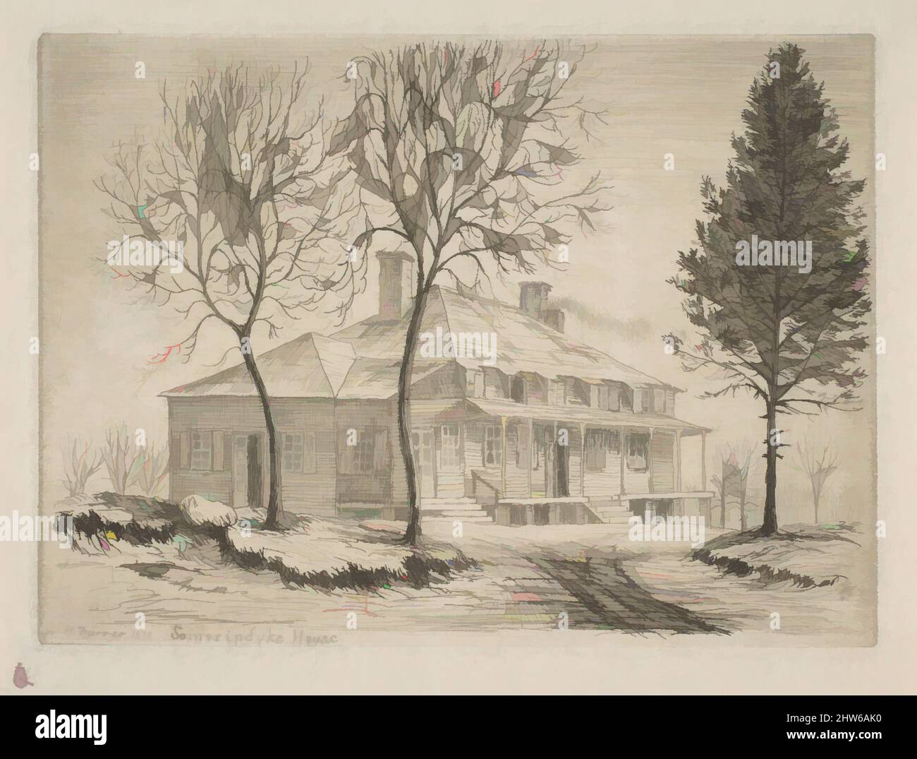 Art inspired by Somerindyck House, Bloomingdale Road (from Scenes of Old New York), 1870, Etching, plate: 3 1/16 x 4 3/16 in. (7.8 x 10.7 cm), Prints, Henry Farrer (American, London 1844–1903 New York, Classic works modernized by Artotop with a splash of modernity. Shapes, color and value, eye-catching visual impact on art. Emotions through freedom of artworks in a contemporary way. A timeless message pursuing a wildly creative new direction. Artists turning to the digital medium and creating the Artotop NFT Stock Photo