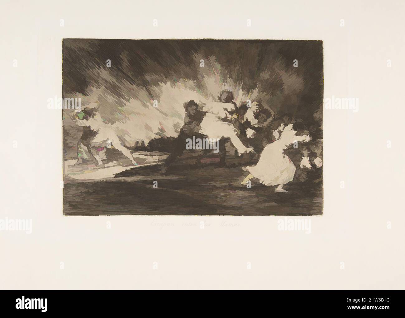 Art inspired by Plate 41 from 'The Disasters of War' (Los Desastres de La Guerra): 'They escape through the flames.' (Escapan entre las llamas), 1810 (published 1863), Etching and burin, Plate: 6 5/16 × 9 1/4 in. (16 × 23.5 cm), Prints, Goya (Francisco de Goya y Lucientes) (Spanish, Classic works modernized by Artotop with a splash of modernity. Shapes, color and value, eye-catching visual impact on art. Emotions through freedom of artworks in a contemporary way. A timeless message pursuing a wildly creative new direction. Artists turning to the digital medium and creating the Artotop NFT Stock Photo