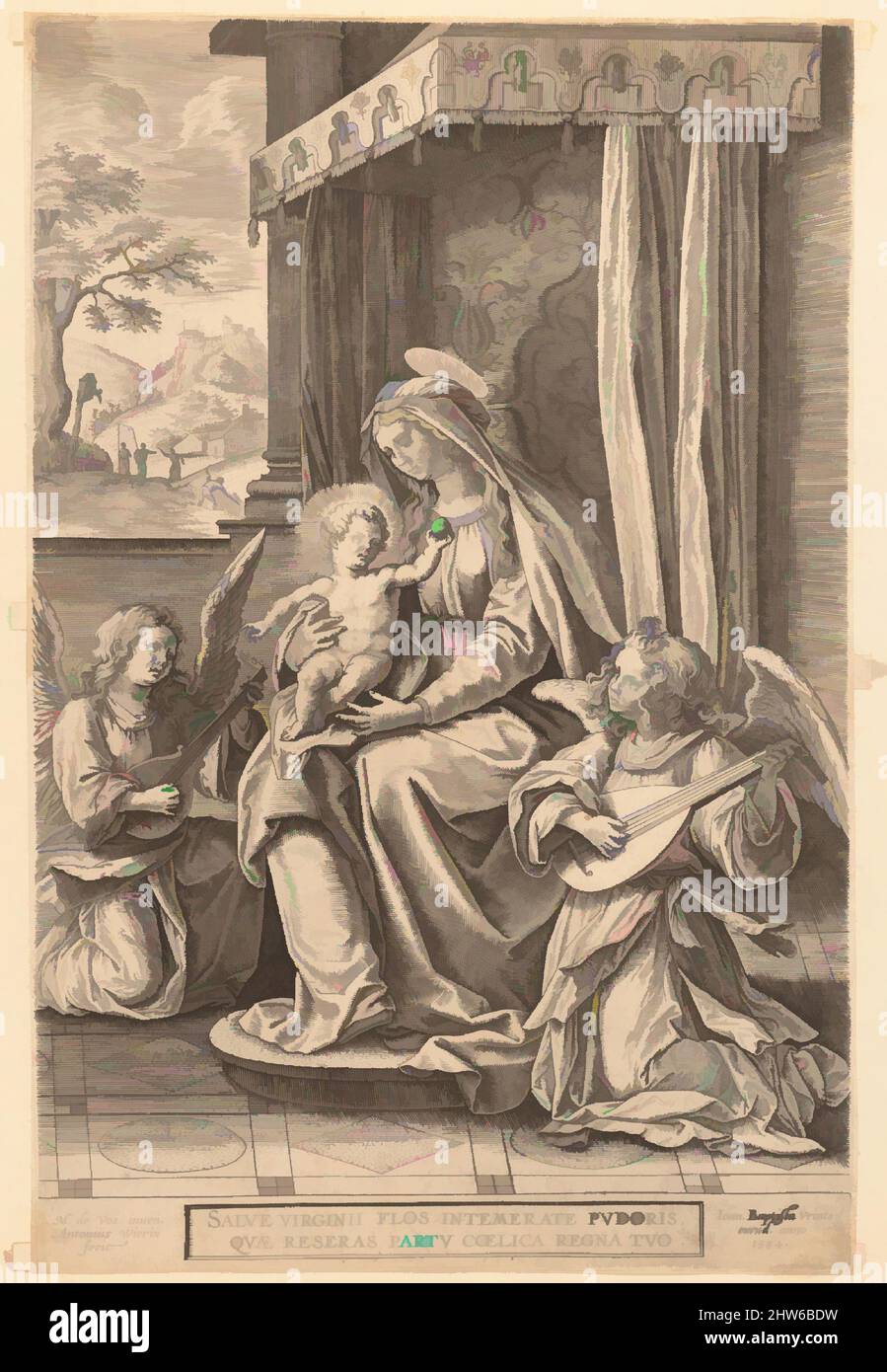 Art inspired by Virgin and Child Enthroned with Two Musical Angels, n.d., Engraving; first state, sheet: 11 x 7 5/16 in. (28 x 18.5 cm), Prints, Jan (Johannes) Wierix (Netherlandish, Antwerp 1549–1615 Brussels), After Maerten de Vos (Netherlandish, Antwerp 1532–1603 Antwerp, Classic works modernized by Artotop with a splash of modernity. Shapes, color and value, eye-catching visual impact on art. Emotions through freedom of artworks in a contemporary way. A timeless message pursuing a wildly creative new direction. Artists turning to the digital medium and creating the Artotop NFT Stock Photo