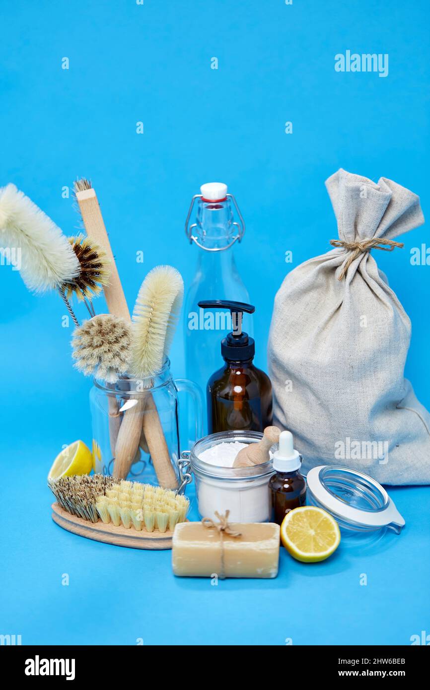 lemons, soap, washing soda, vinegar and brushes Stock Photo Alamy