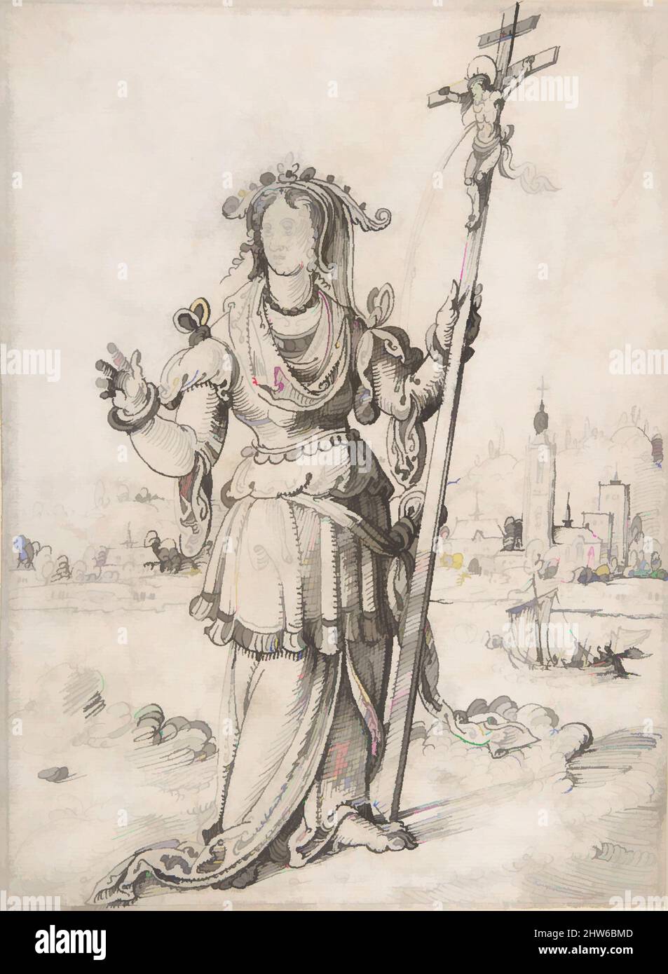 Art inspired by Allegorical Figure (Faith?), early 16th–mid 16th century, Pen and brown ink. Framing line in black chalk (left, right and upper edge) and pen and grey ink (lower edge), possibly by the artist., sheet: 9 5/16 x 6 3/4 in. (23.6 x 17.1 cm), Drawings, Pieter Cornelisz Kunst, Classic works modernized by Artotop with a splash of modernity. Shapes, color and value, eye-catching visual impact on art. Emotions through freedom of artworks in a contemporary way. A timeless message pursuing a wildly creative new direction. Artists turning to the digital medium and creating the Artotop NFT Stock Photo